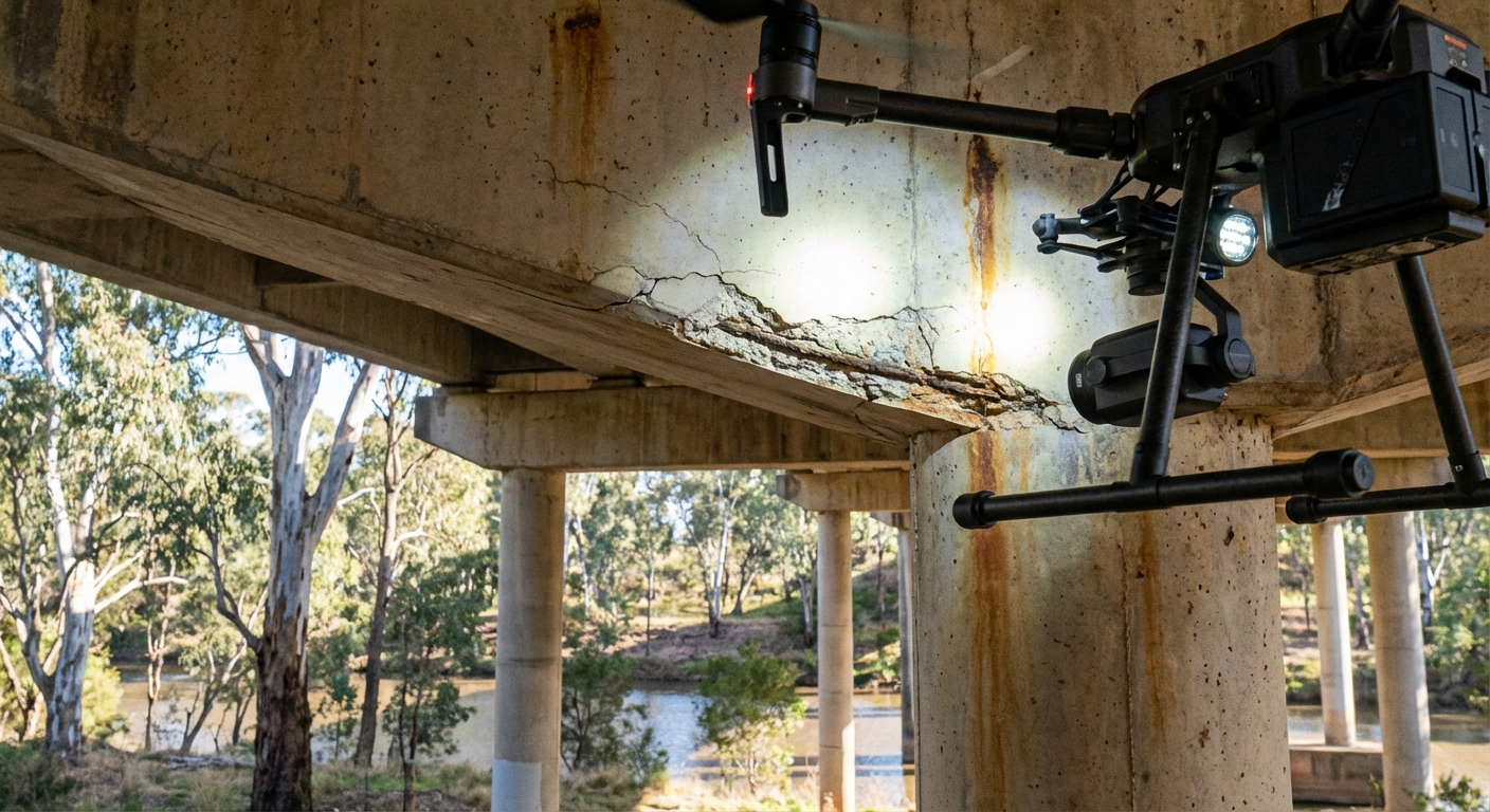 A drone inspects the underside of a concrete bridge, illuminating cracks and defects that would be difficult to assess from the ground