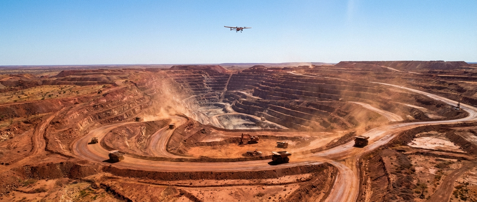 A drone surveys an open pit mine in the Australian outback, capturing topographic data across the entire operation