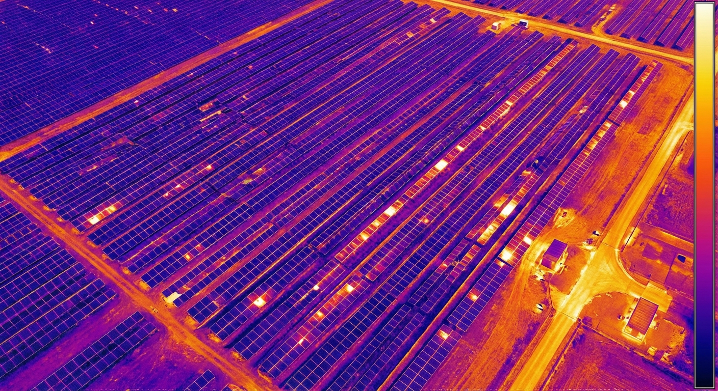 Thermal drone imagery of a solar farm showing hotspots on underperforming panels -- the bright spots indicate cells with bypass diode failures or other faults