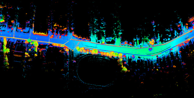 Colour-coded LiDAR point cloud showing a road corridor and surrounding vegetation
